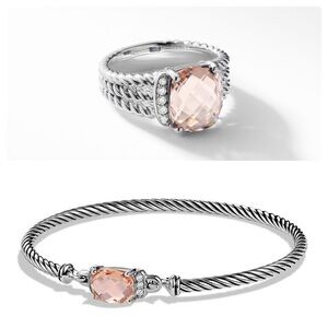 SET David Yurman Petite Wheaton Morganite Diamond Silver Ring 5.5 & Bracelet S